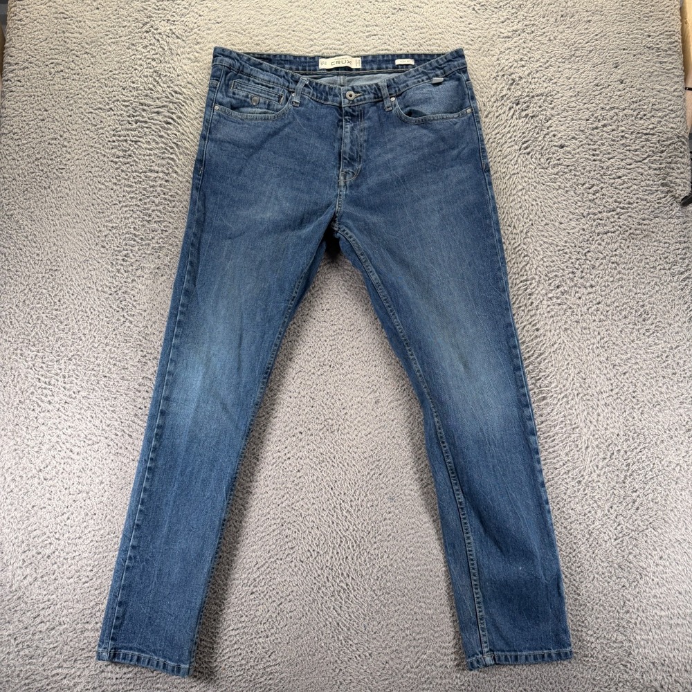 Crux Jeans Mens 36x32 Blue Cotton Denim Skinny Slim Fit Workwear Faded Stretch